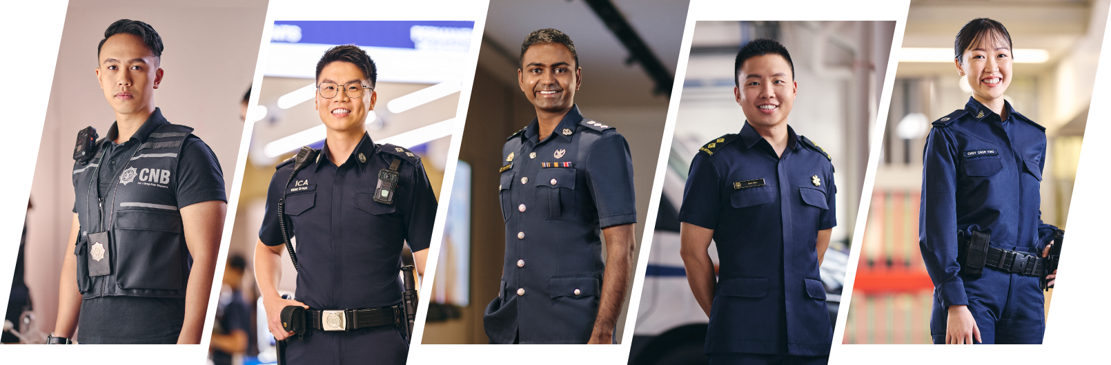 Five people in uniforms; backgrounds vary.